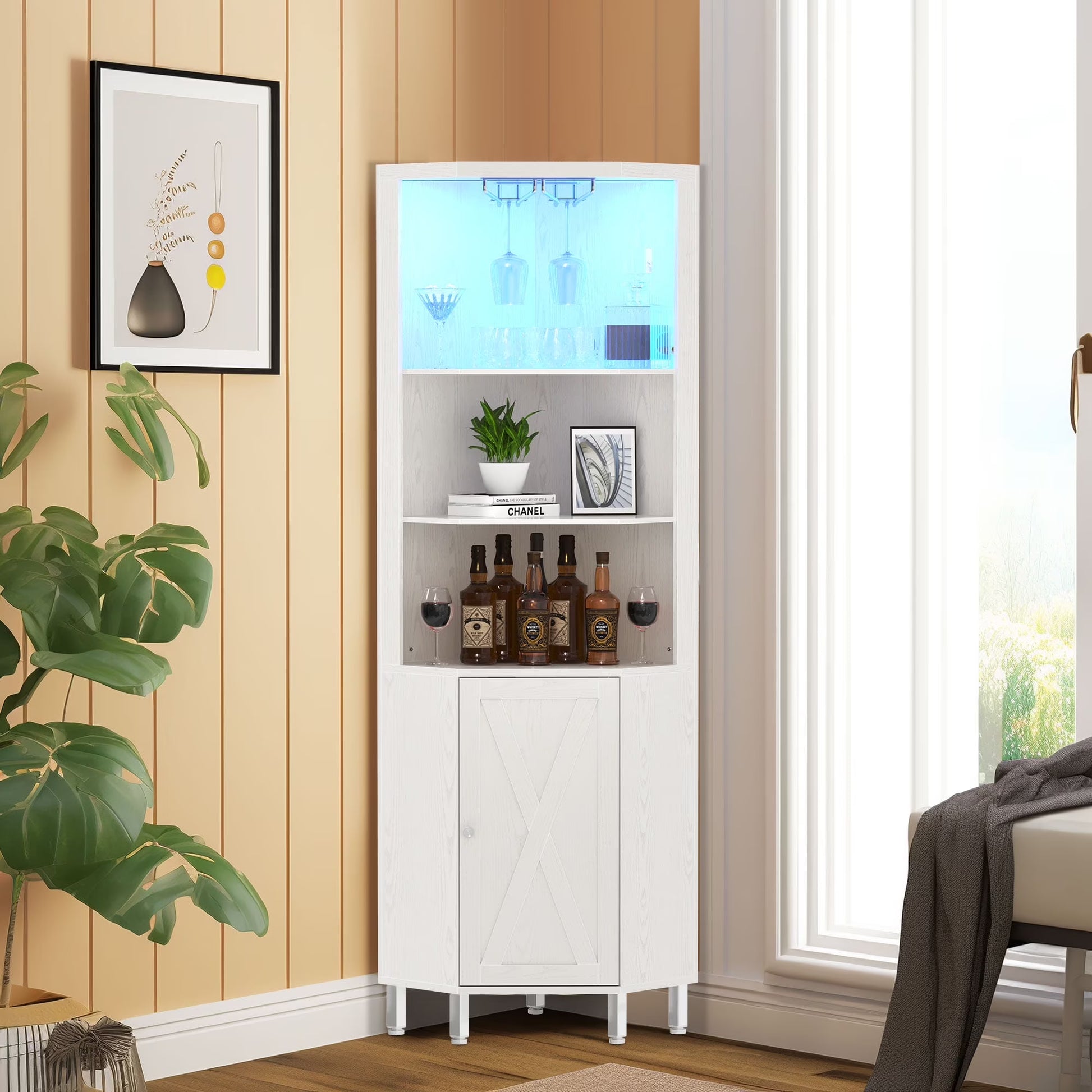 Dextrus 67" Corner Bar Cabinet with LED Lights, Wine Glass Holder & Storage Shelves, Black