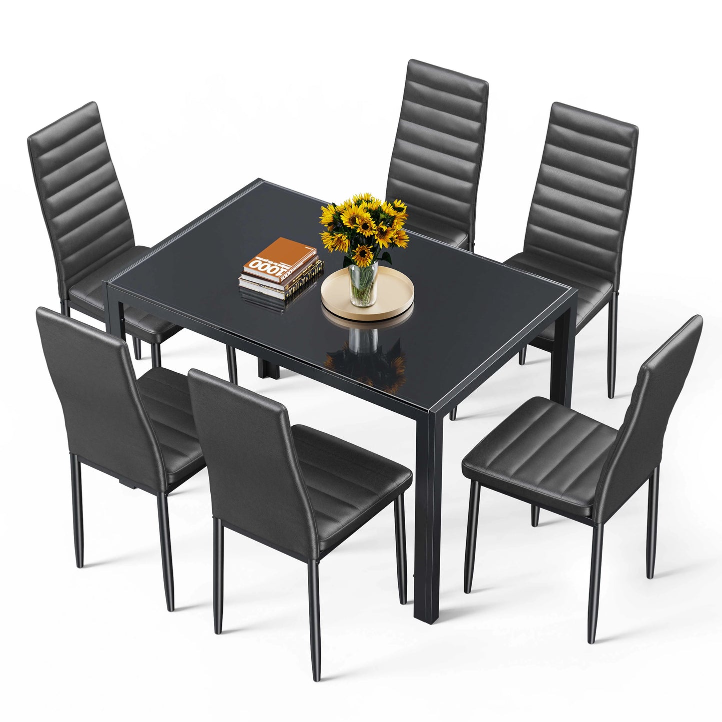 Asofer Modern 7 Piece Dining Table Sets for 6, Glass Kitchen Table, PU Leather Chair, Dining Room, Black