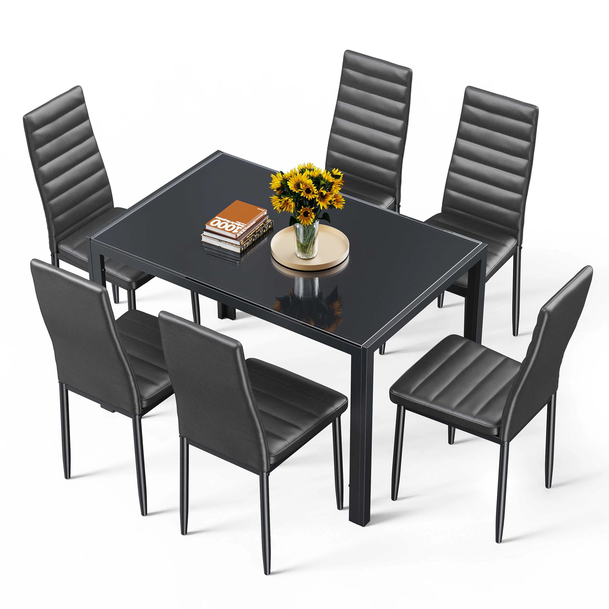 Asofer Modern 7 Piece Dining Table Sets for 6, Glass Kitchen Table, PU Leather Chair, Dining Room, Black