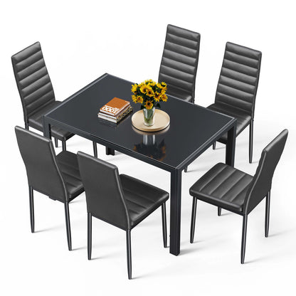 Asofer Modern 7 Piece Dining Table Sets for 6, Glass Kitchen Table, PU Leather Chair, Dining Room, Black