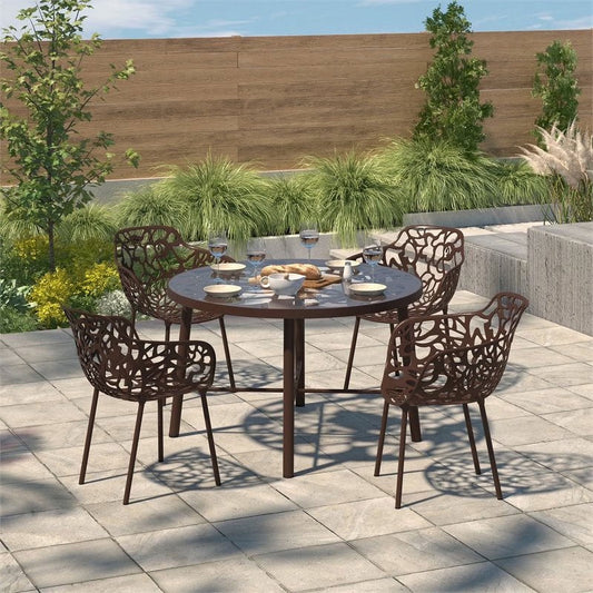 LeisureMod Dining Table in Aluminum with Tempered Glass Top and Floral Cutout Design Painted Finish Indoor and Outdoor Use for Modern Home, Patio, Backyard, Living Room Devon Collection in Brown