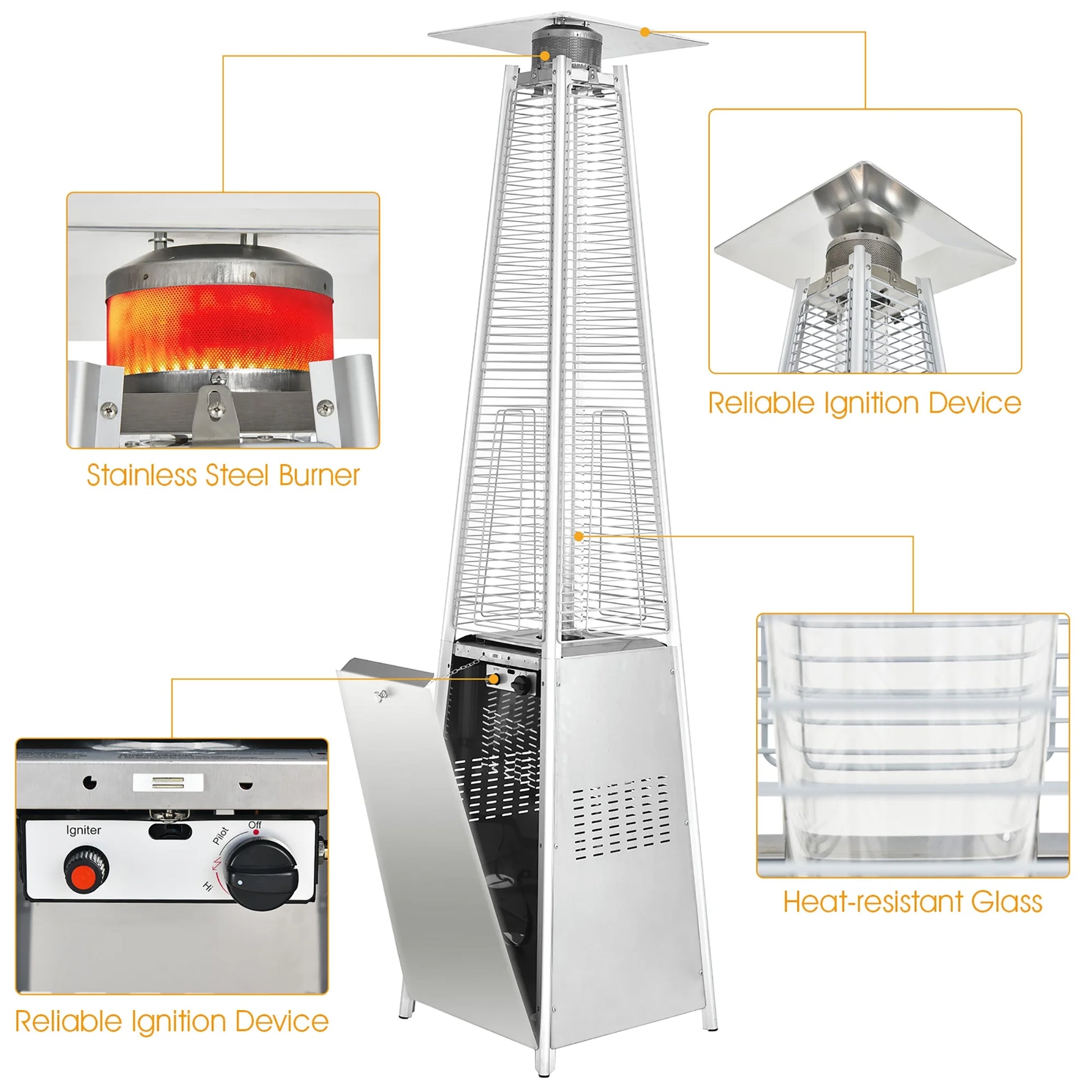 Costway 90'' Tall Pyramid Patio Heater Quartz Glass Tube Flame Heating 42000 BTU W/Wheel