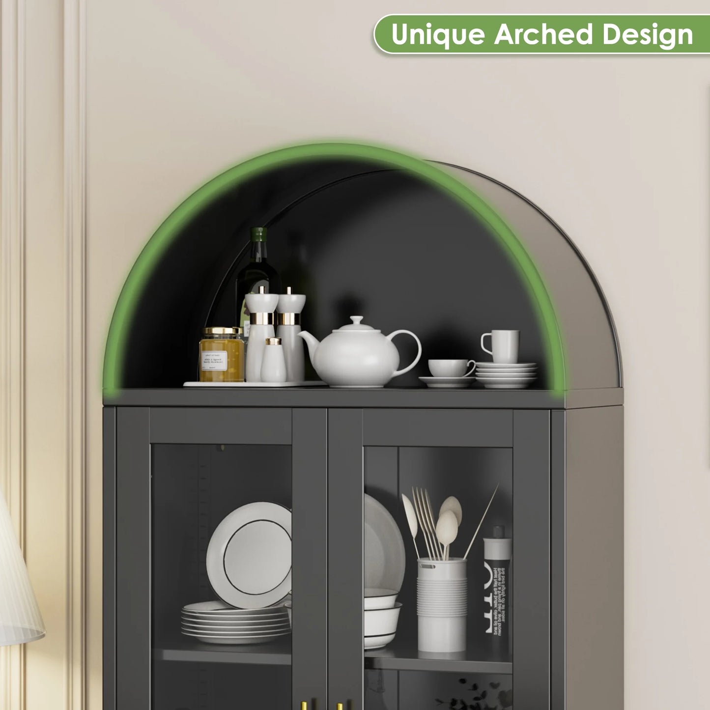SUPEER Metal Arched Storage Display Cabinet with Glass Doors and Adjustable Shelves, Lockable Cabinet, Assembly Required, Black