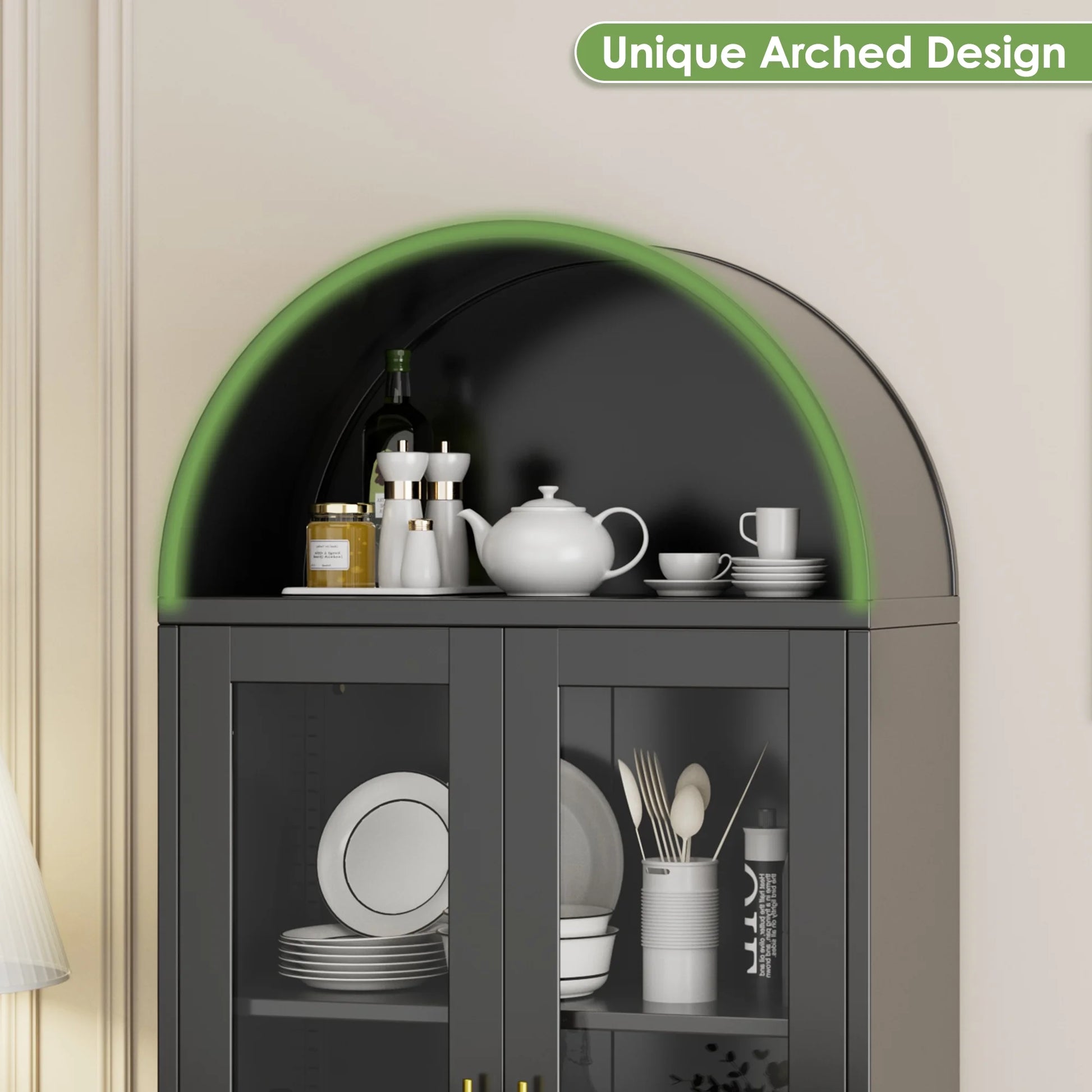 SUXXAN Metal Arched Storage Display Lockable Cabinets with Glass Doors and Adjustable Shelves, Assembly Required, Black