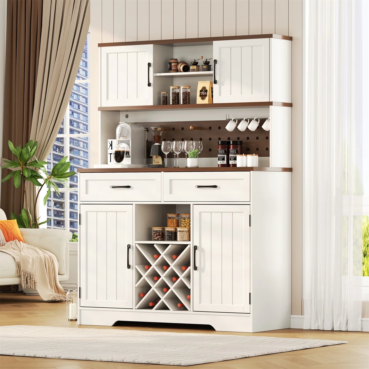 LAFGUR 72" Kitchen Storage Cabinet with Power Outlet & LED Light, Coffee Bar Cabinet with Drawers & Wine Glass Rack,Sideboard for Home,White