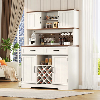 LAFGUR 72" Kitchen Storage Cabinet with Power Outlet & LED Light, Coffee Bar Cabinet with Drawers & Wine Glass Rack,Sideboard for Home,White