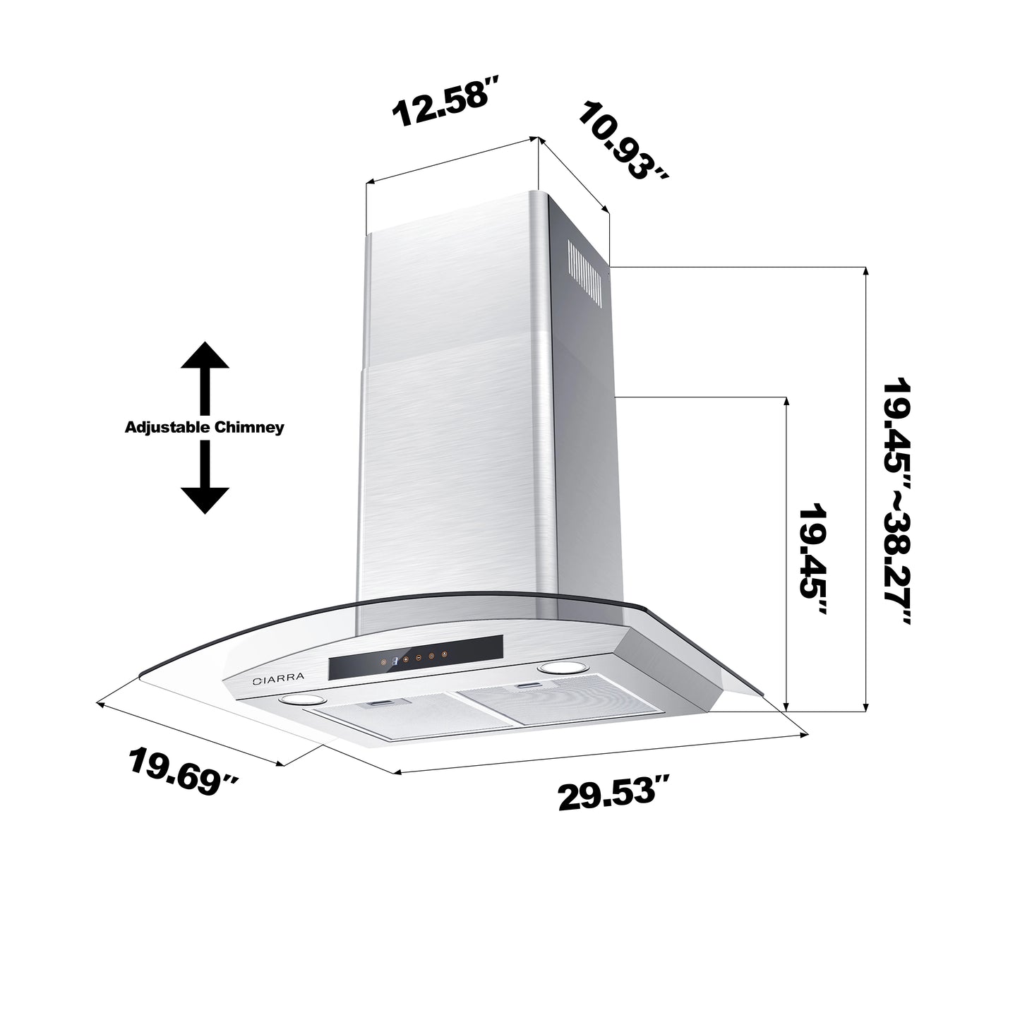 CIARRA Wall Mount Range Hood 30 inch with Tempered Glass 450 CFM Kitchen Vent Hood Ductless Ducted Convertible CAS50275