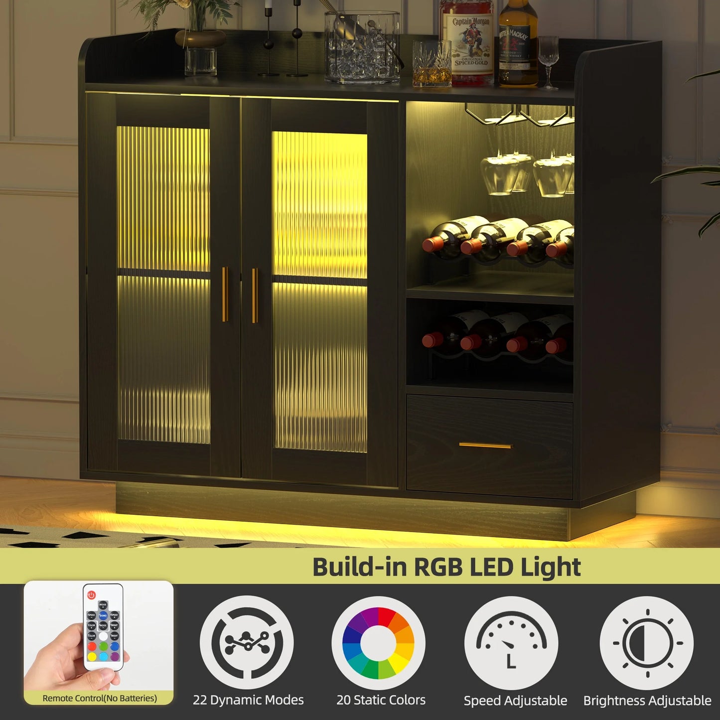 SNYNUXX Wine Bar Cabinet with LED Lights, Floating Coffee Bar Cabinet with Wine and Glass Rack, Kitchen Buffet Sideboard with Glass Doors and Drawers for Dining Room, Black
