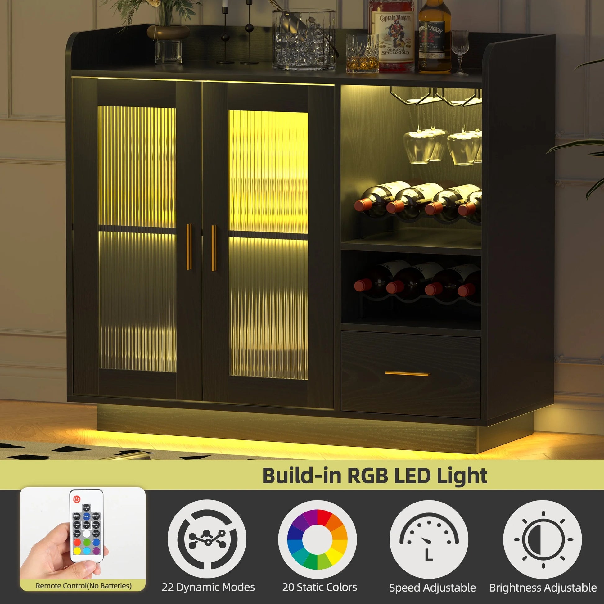 SNYNUXX Wine Bar Cabinet with LED Lights, Floating Coffee Bar Cabinet with Wine and Glass Rack, Kitchen Buffet Sideboard with Glass Doors and Drawers for Dining Room, Black