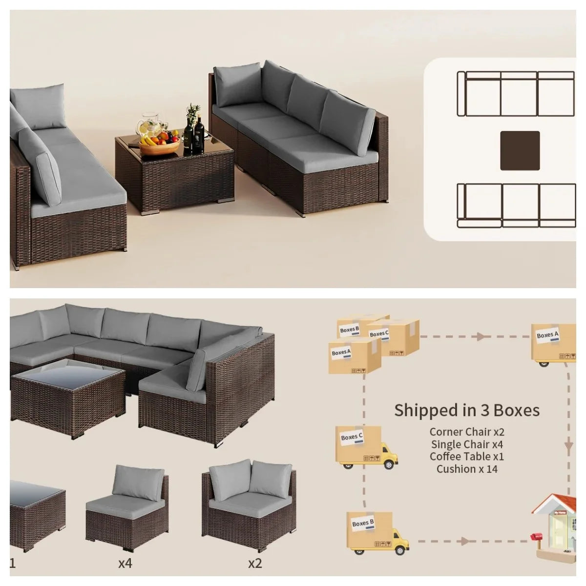 7 Pieces Outdoor Patio Furniture Set, Lofka PE Rattan Sectional Sofa with Tempered Glass Coffee Table & All-Weather Cushions, Patio Conversation Set for Garden, Poolside (Grey)