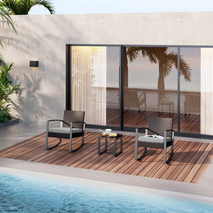 3 Pieces Wicker Patio Set Outdoor Chair Set with Glass Table Rattan Chair Modern Bistro Set for Porches and Patios, Grey Cushion