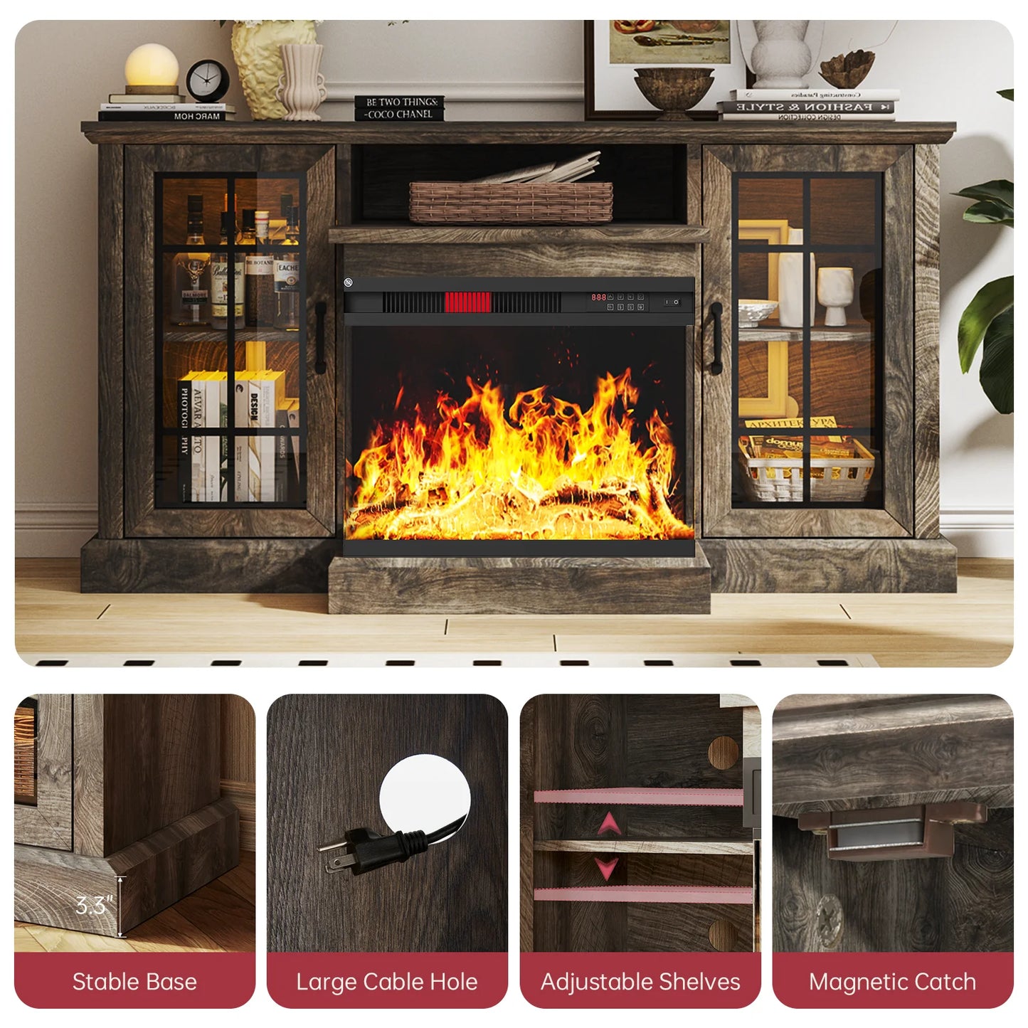 Easoger Fireplace TV Stand for TVs up to 65", 12 Flame Colors&12 LED Light Colors, TV Console with 3-Sided Glass Fireplace, for Living Room, Gray