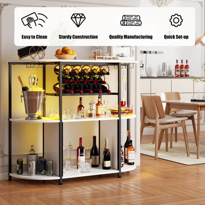 BOSSIN Bar Cabinet with Power Outlet & LED Home,Coffee Bar Cabinet for Liquor,Bar Cart with 4-Tier Storage for Bottles and Glass Holder