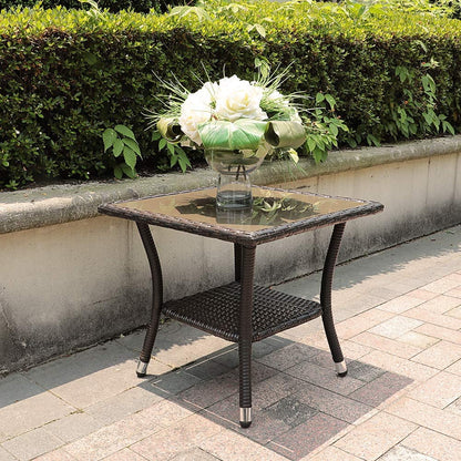 Outdoor End Table Rattan Square Glass Top, Aluminum Frame, Espresso Brown