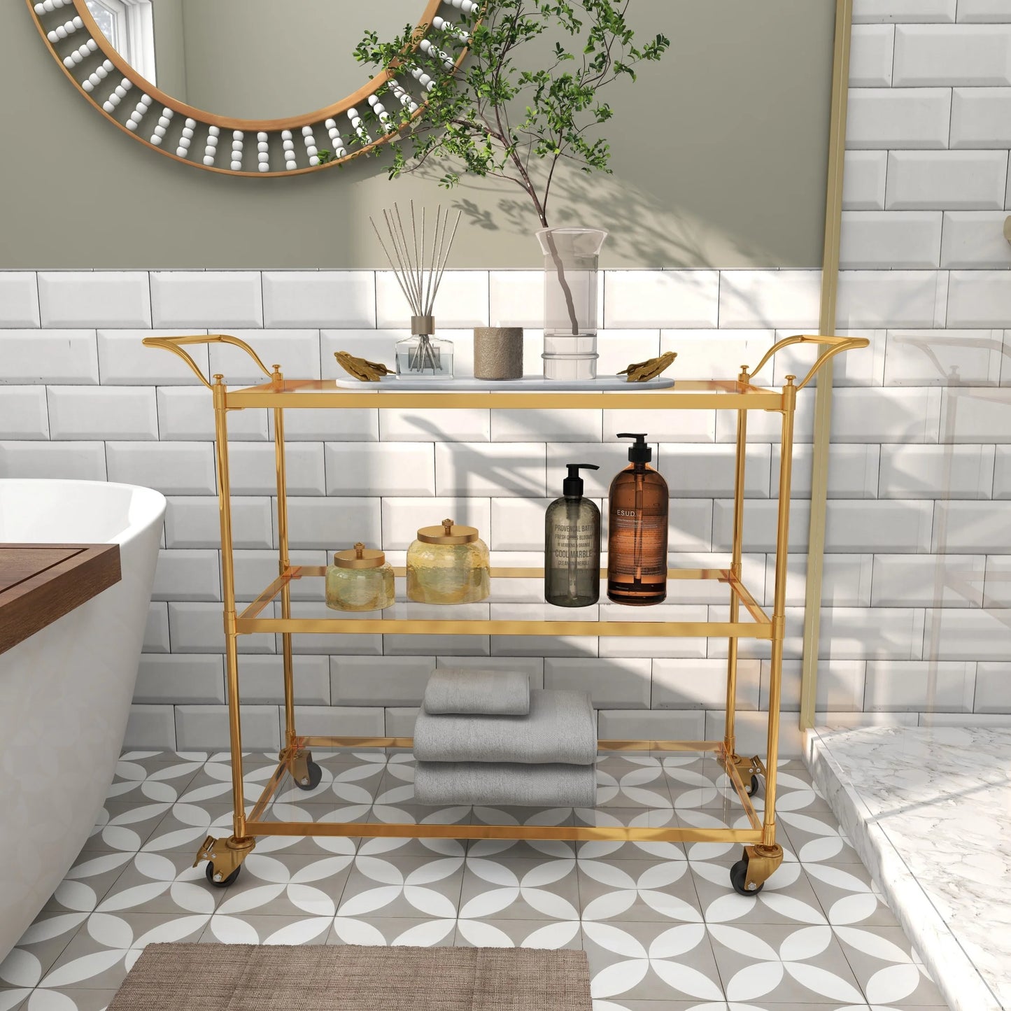 DecMode Traditional 3 Tier Gold Metal Bar Cart with Transparent Glass Shelves, 38"W x 31"H