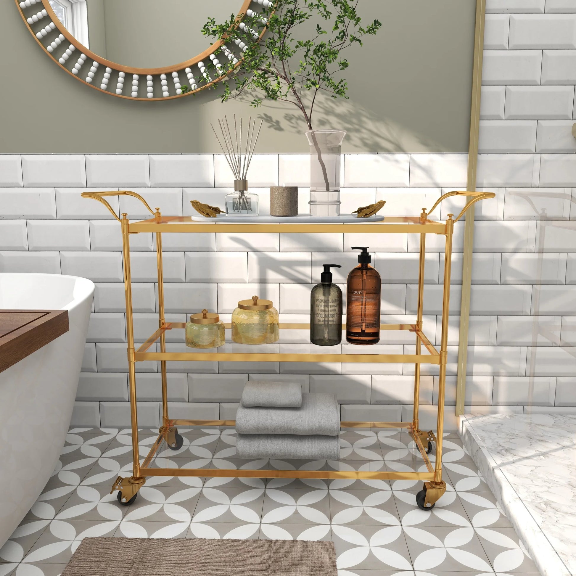 DecMode Traditional 3 Tier Gold Metal Bar Cart with Transparent Glass Shelves, 38"W x 31"H