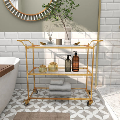 DecMode Traditional 3 Tier Gold Metal Bar Cart with Transparent Glass Shelves, 38"W x 31"H
