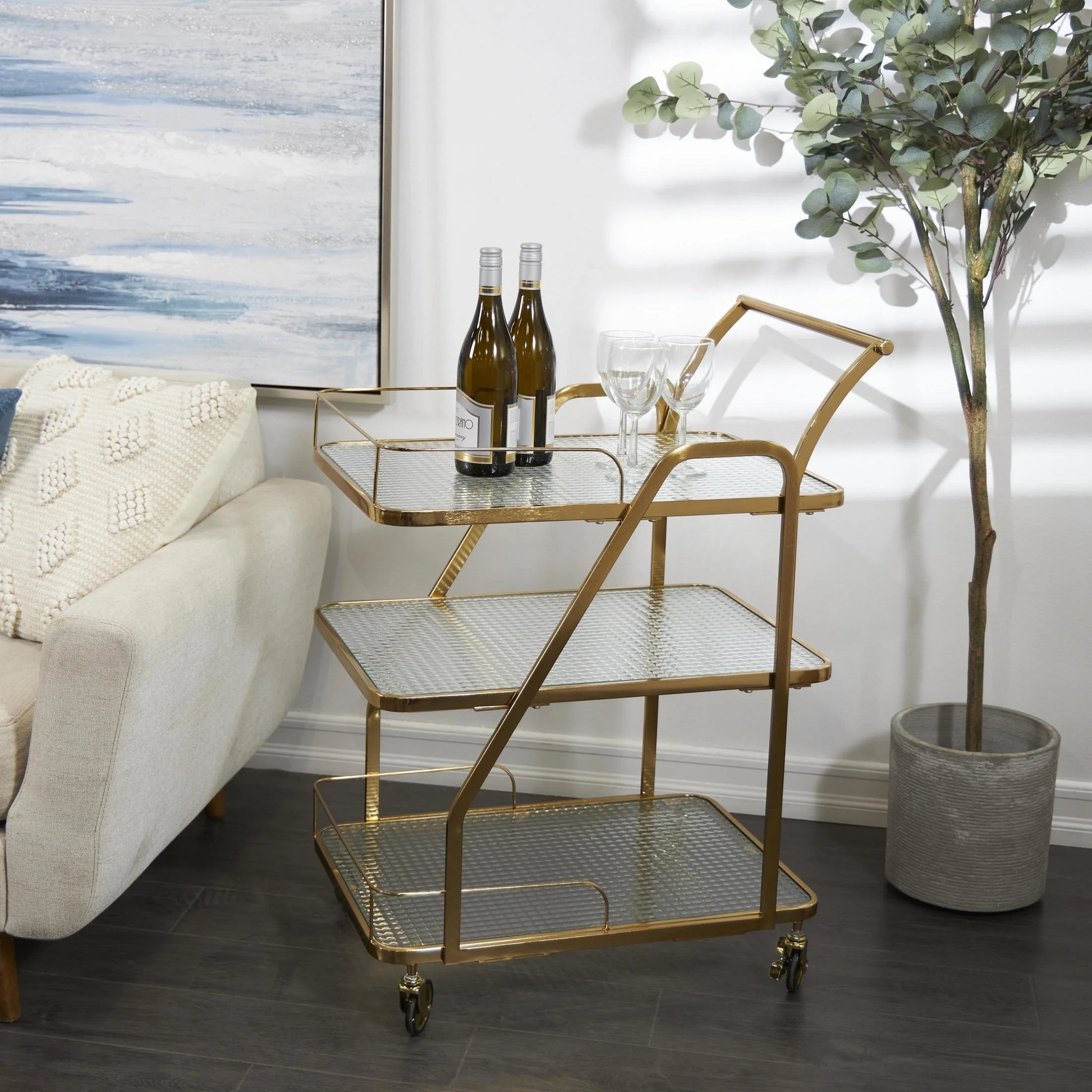 DecMode 27" x 35" Gold Metal Rolling Glass Shelf 3 Tier Bar Cart with Side Guards and Handle, 1-Piece
