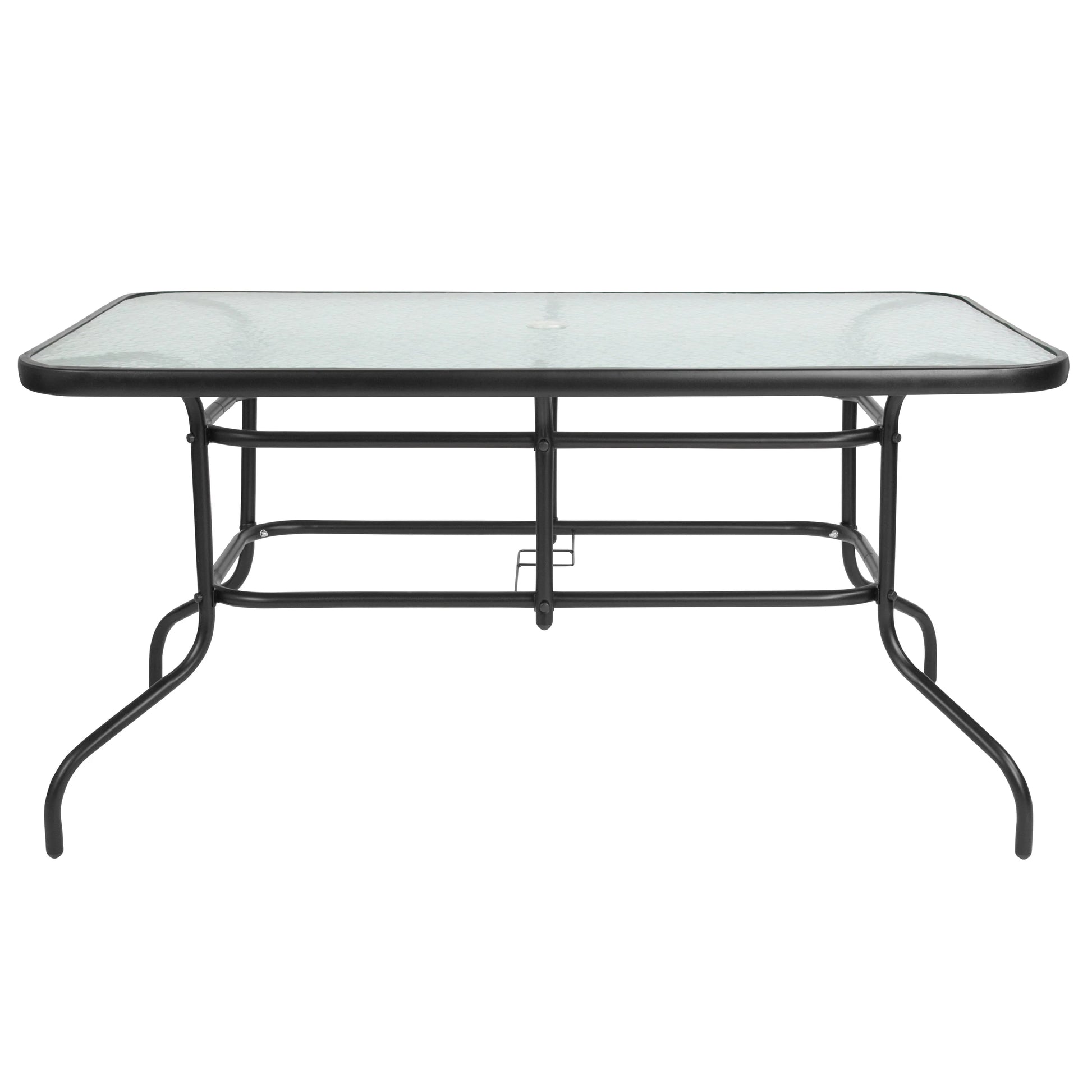Emma + Oliver 7 Piece Patio Table & Chairs Set with 31.5"x55" Rectangular Metal Table with Tempered Glass Top and 6 Black Aluminum Stacking Chairs