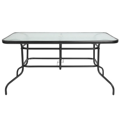 Emma + Oliver 7 Piece Patio Table & Chairs Set with 31.5"x55" Rectangular Metal Table with Tempered Glass Top and 6 Black Aluminum Stacking Chairs