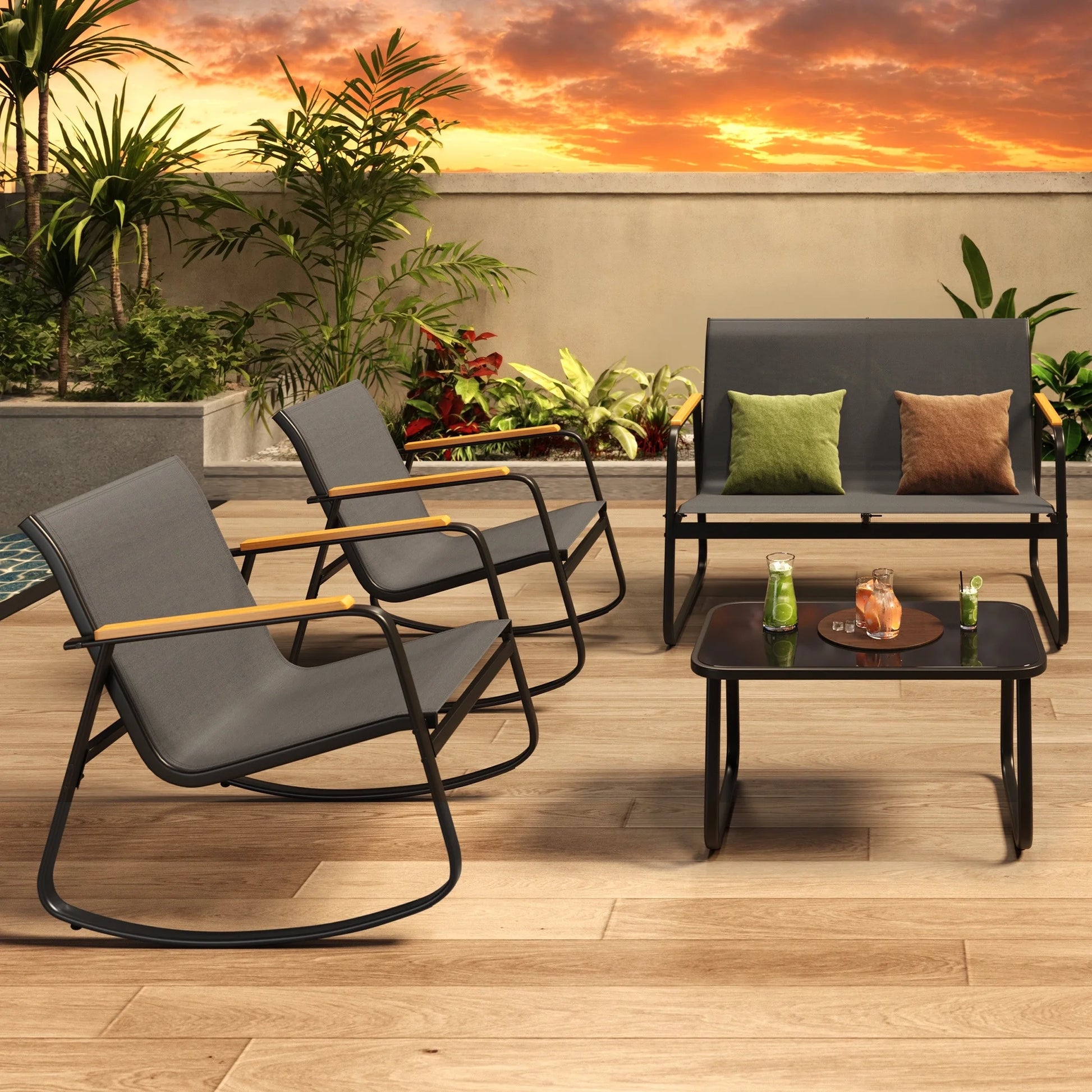 Patio Conversation Sets for 4, Lofka 4 Pieces Patio Furniture Sets with Rocking Bistro Fabric chairs, Garden Loveseat, Glass Coffee Table for Backyard, Poolside, Porch, Lawn, Black