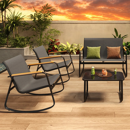 Patio Conversation Sets for 4, Lofka 4 Pieces Patio Furniture Sets with Rocking Bistro Fabric chairs, Garden Loveseat, Glass Coffee Table for Backyard, Poolside, Porch, Lawn, Black