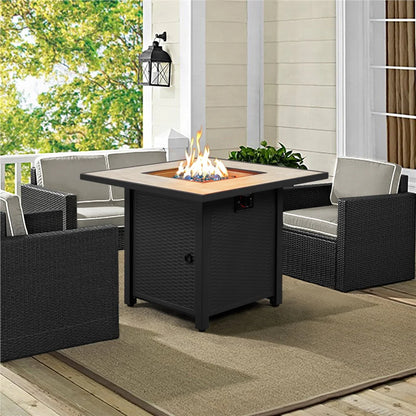 Topeakmart 30'' Outdoor Square Propane Fire Pit Table 50,000 BTU Gas w/Ceramic Rattan Pattern Steel Base Glass Black