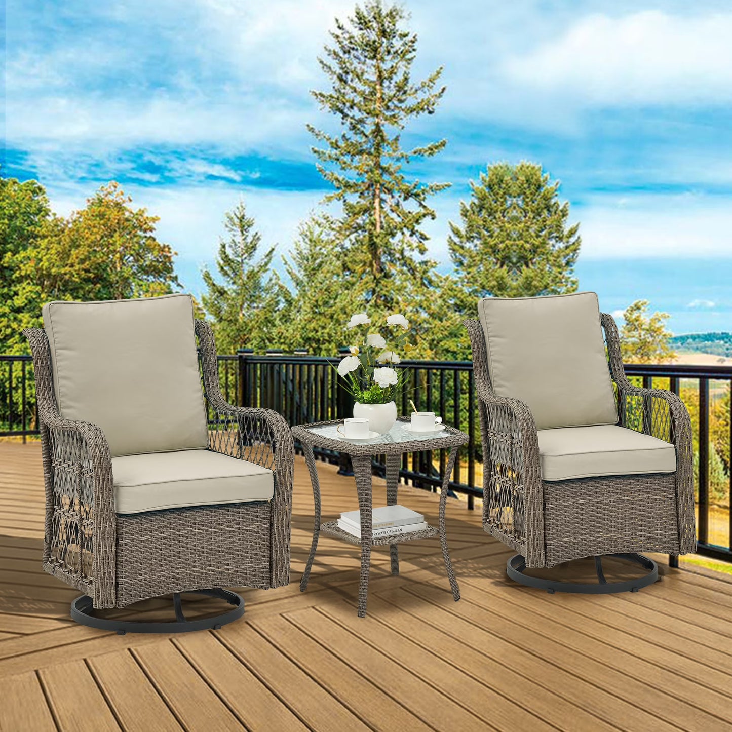Twister.CK 3 Pieces Patio Furniture Set, Outdoor Swivel Gliders Rocker, Wicker Patio Bistro Set with Rattan Rocking Chair, Glass Top Side Table and Thickened Cushions for Porch Deck Backyard
