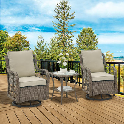 Twister.CK 3 Pieces Patio Furniture Set, Outdoor Swivel Gliders Rocker, Wicker Patio Bistro Set with Rattan Rocking Chair, Glass Top Side Table and Thickened Cushions for Porch Deck Backyard
