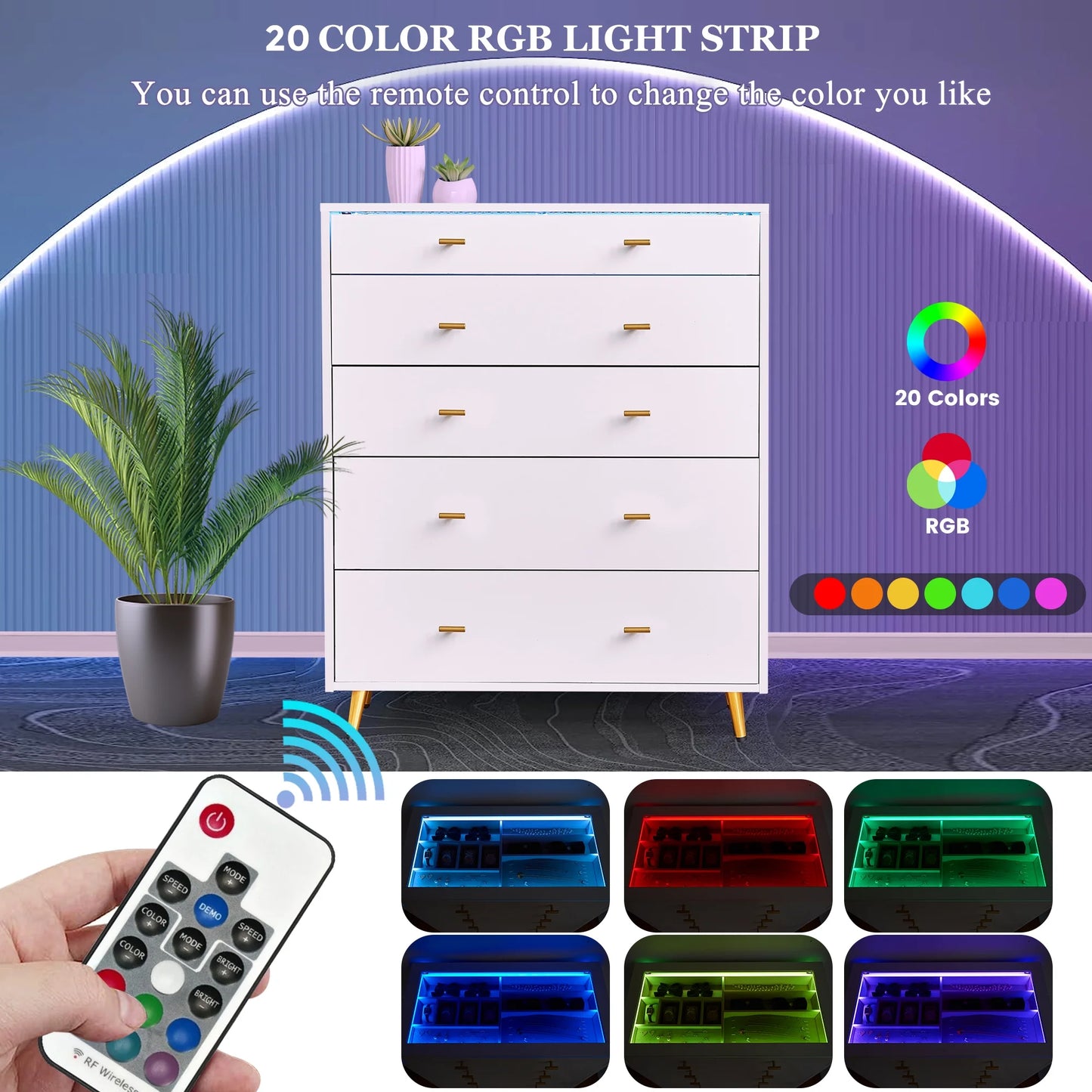 JanflyHome Drawer Dresser with LED Lights, Glass Top, Dresser with 5 Drawers Modern Storage Cabinet for Adult