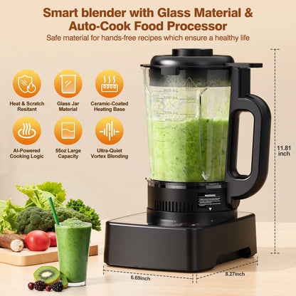 PRASKY Countertop Blender with Heating, 53oz Glass Jar, Nut Milk Maker, Homemade Soy, Soup, Ice, Multifunction Blender for Kitchen with Portable Metal Insulated Cup (Black)