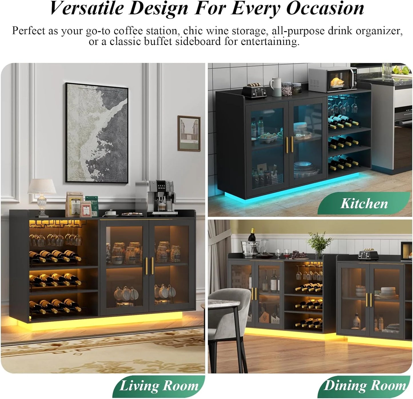 Wine Bar Cabinet with LED Lights, Floating Coffee Bar with Glass Rack and Removable Wine Racks, Modern Buffet Sideboard with Storage Shelves, Kithchen Bar with Glass Cabinet Doors