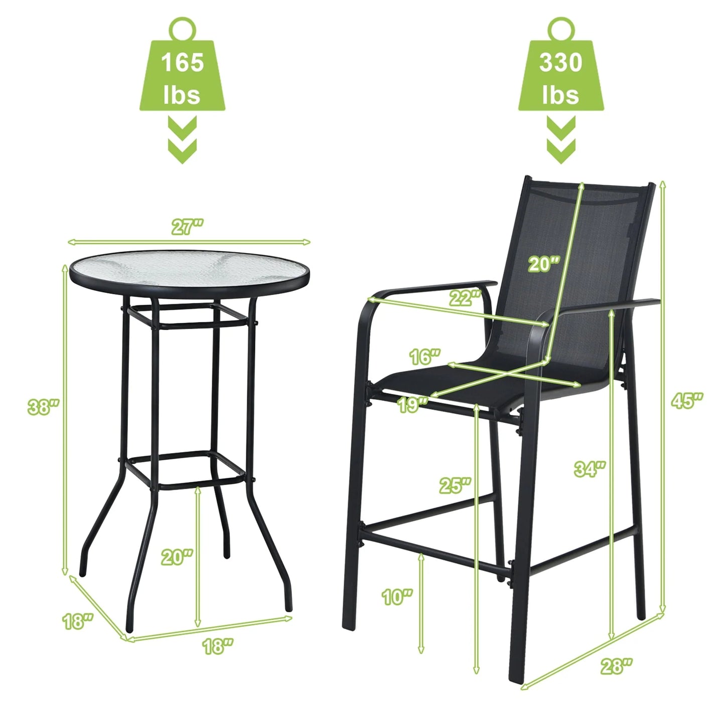 Gymax 3PCS Patio Bar Set Outdoor Bistro Set w/2 Stools & 1 Tempered Glass Table
