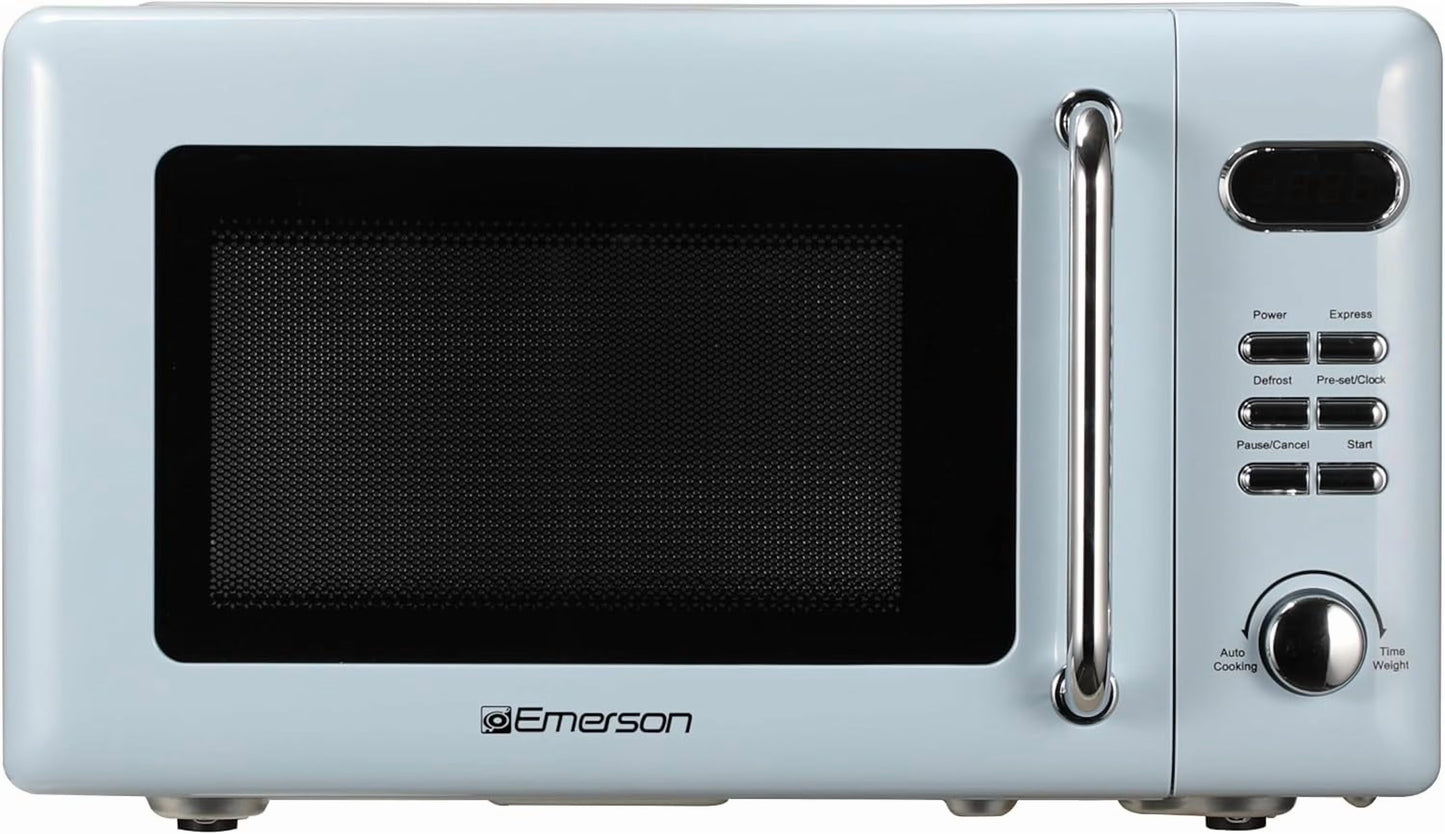 Countertop Microwave Oven with Push Button Control, LED Display, 700W 5 Power Levels, 8 Auto Menus, Glass Turntable and Child Safety Lock, 0.7-inchThunderbird Blue