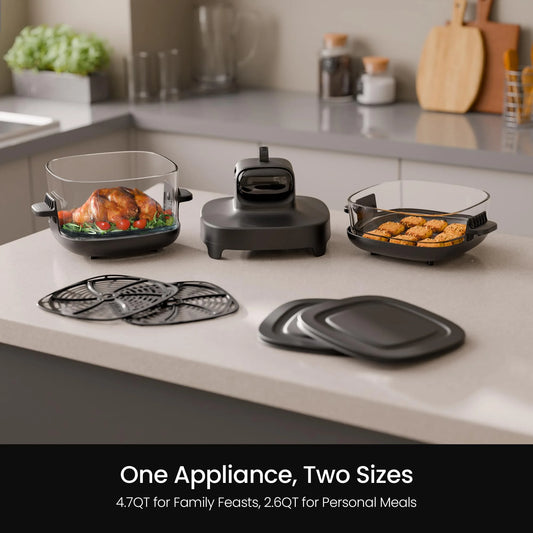 Kismile 5-in-1 Portable Glass Multifunctional Air Fryer with 360° Visualization, 2 Sizes 2.6QT/4.7QT with Lids, 1500W, Refrigerator& Dishwasher Safe