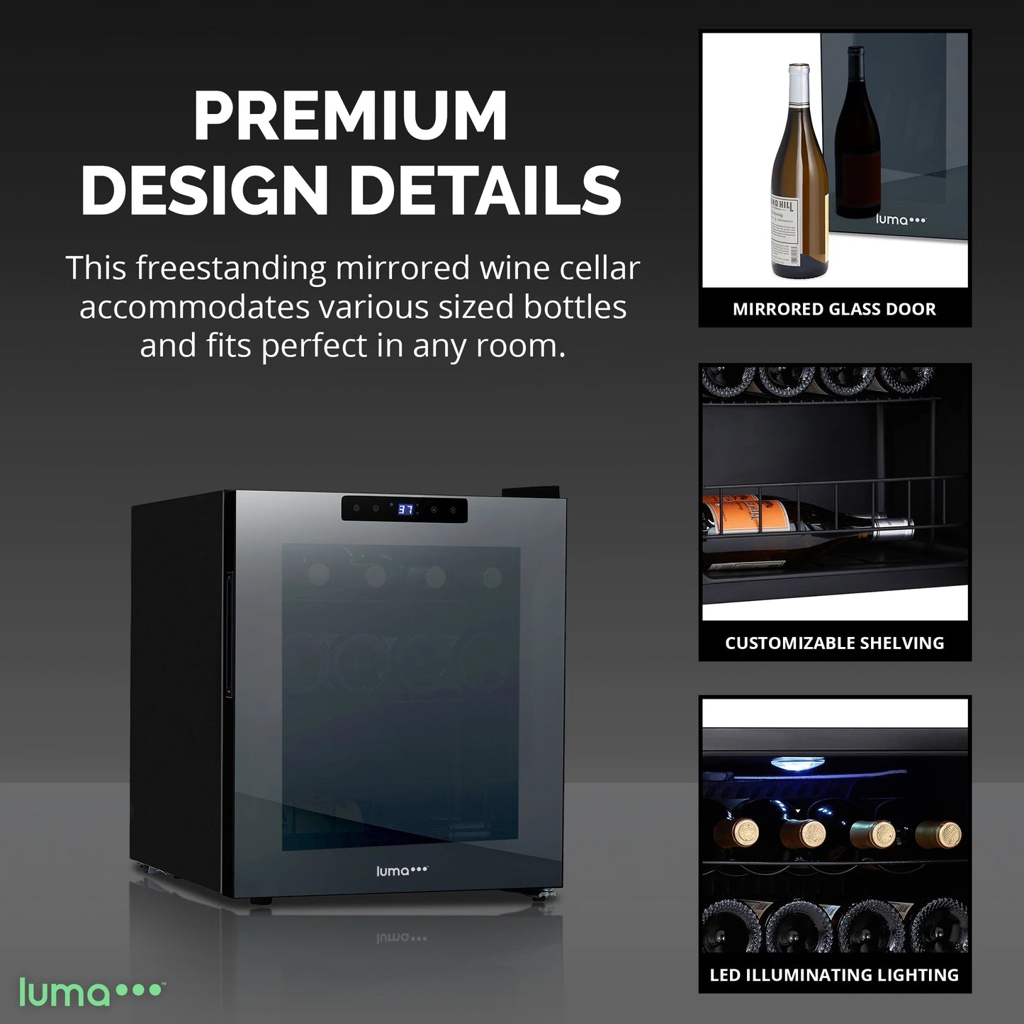 Luma Shadow Series Wine Cooler Refrigerator 16 Bottle, Freestanding Mirrored Wine Fridge with Double-Layer Tempered Glass Door & Compressor Cooling for Reds, Whites, and Sparkling Wine