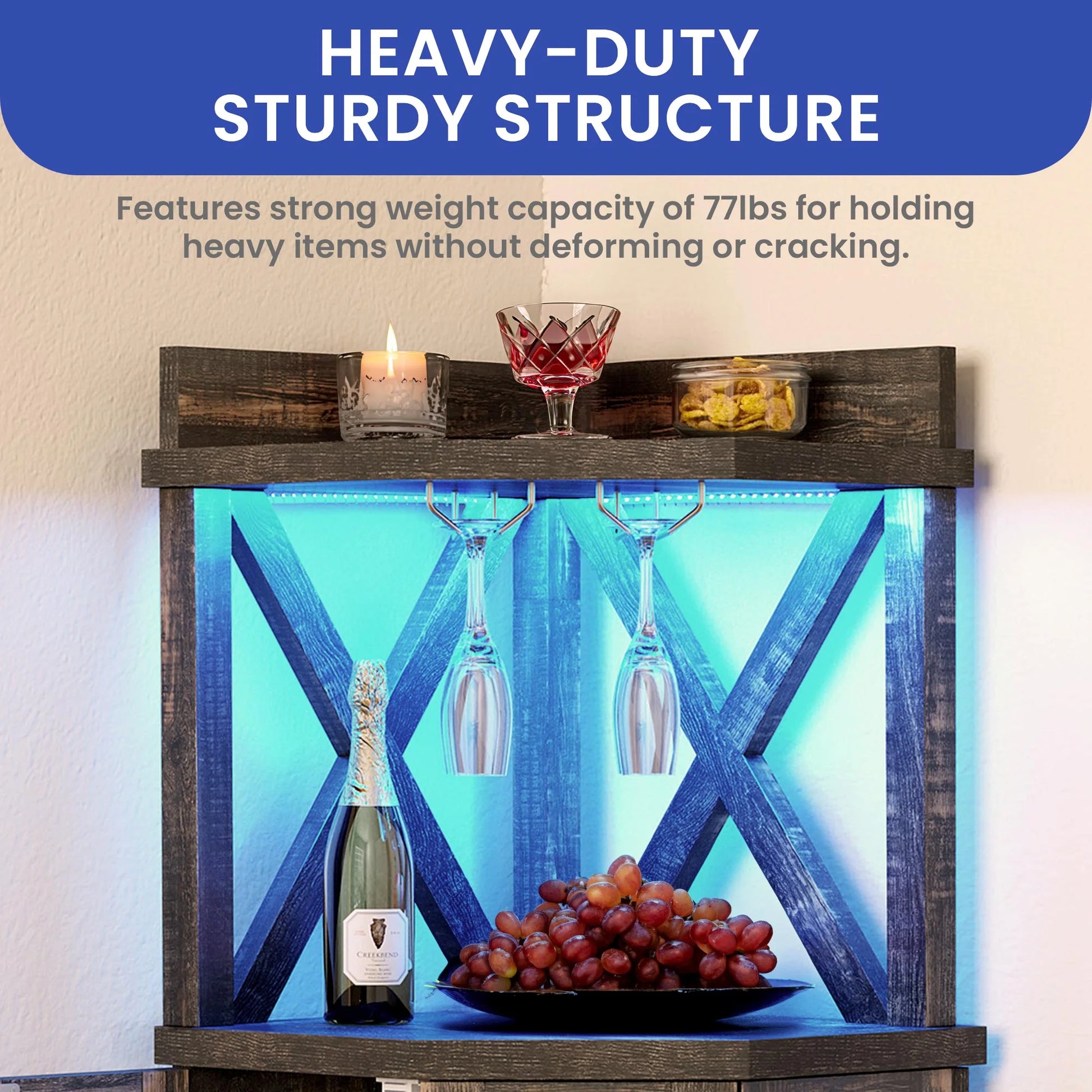 ModFusion 53" Corner Bar Cabinet with LED Light, Glass Door, Wine Rack, and Storage Shelves - Black Oak