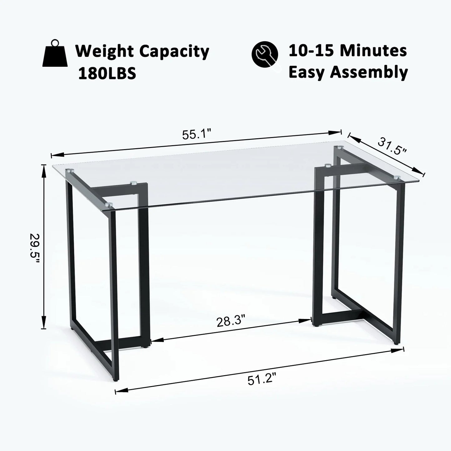 Homycasa Modern Glass Dining Table with Black Metal Legs