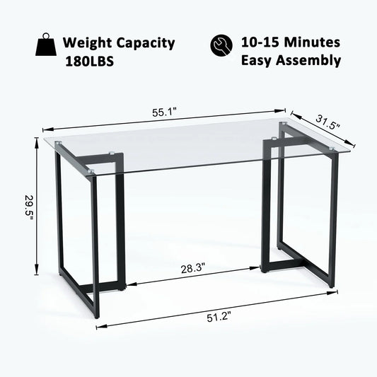 Homycasa Modern Glass Dining Table with Black Metal Legs