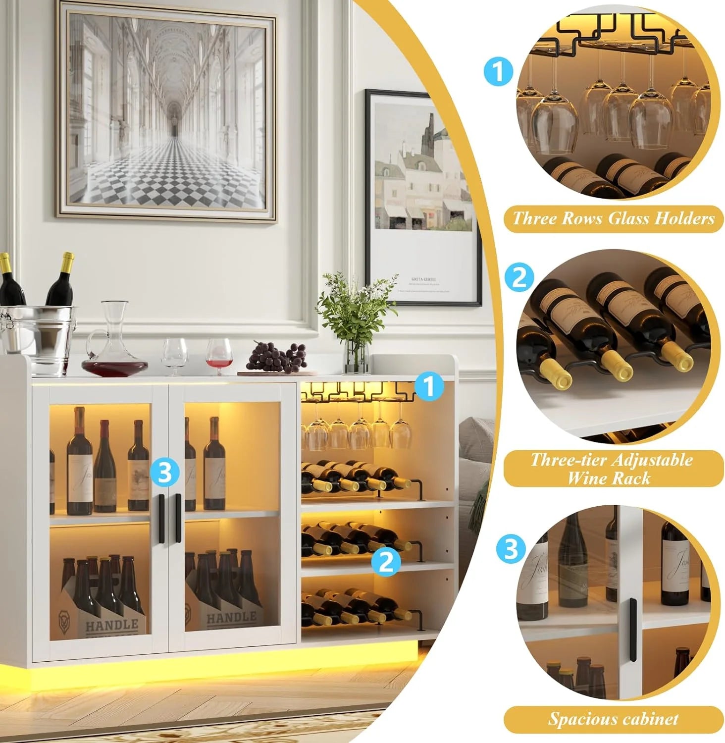 Wine Bar Cabinet with LED Lights, Floating Coffee Bar with Glass Rack and Removable Wine Racks, Modern Buffet Sideboard with Storage Shelves, Kithchen Bar with Glass Cabinet Doors