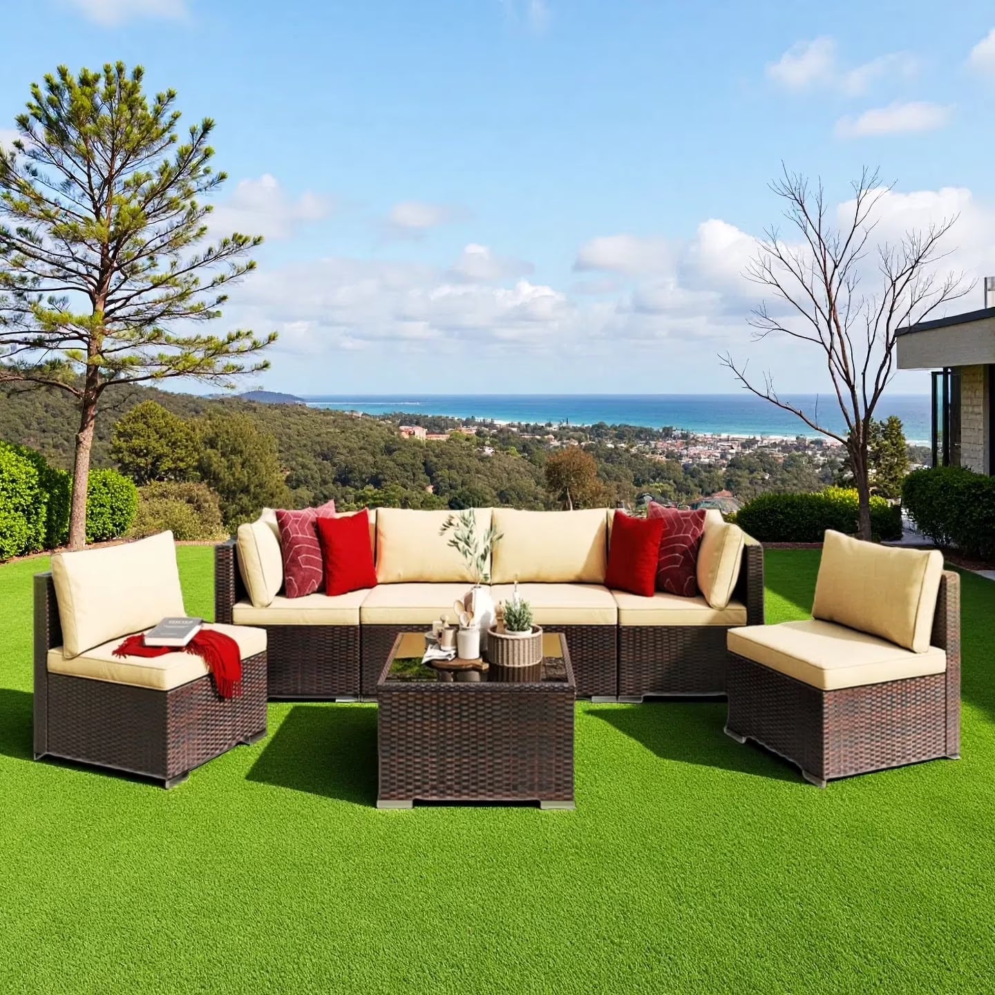 Patio Furniture Set Clearance Lofka Outdoor Sectional Furniture Sofa Set with Tempered Glass Table for Backyard, Garden & Poolside, Gray Cushions
