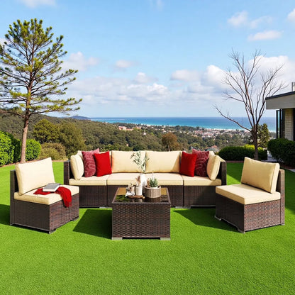 Patio Furniture Set Clearance Lofka Outdoor Sectional Furniture Sofa Set with Tempered Glass Table for Backyard, Garden & Poolside, Gray Cushions