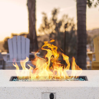 ESSENTIAL LOUNGER 56 inch Concrete Propane Fire Pit Table, 50,000 BTU Outdoor Firepit Rectangular Table for Garden& Patio, with Propane Tank Metal Stand, Fire Glass Beads and Waterproof Cover, White