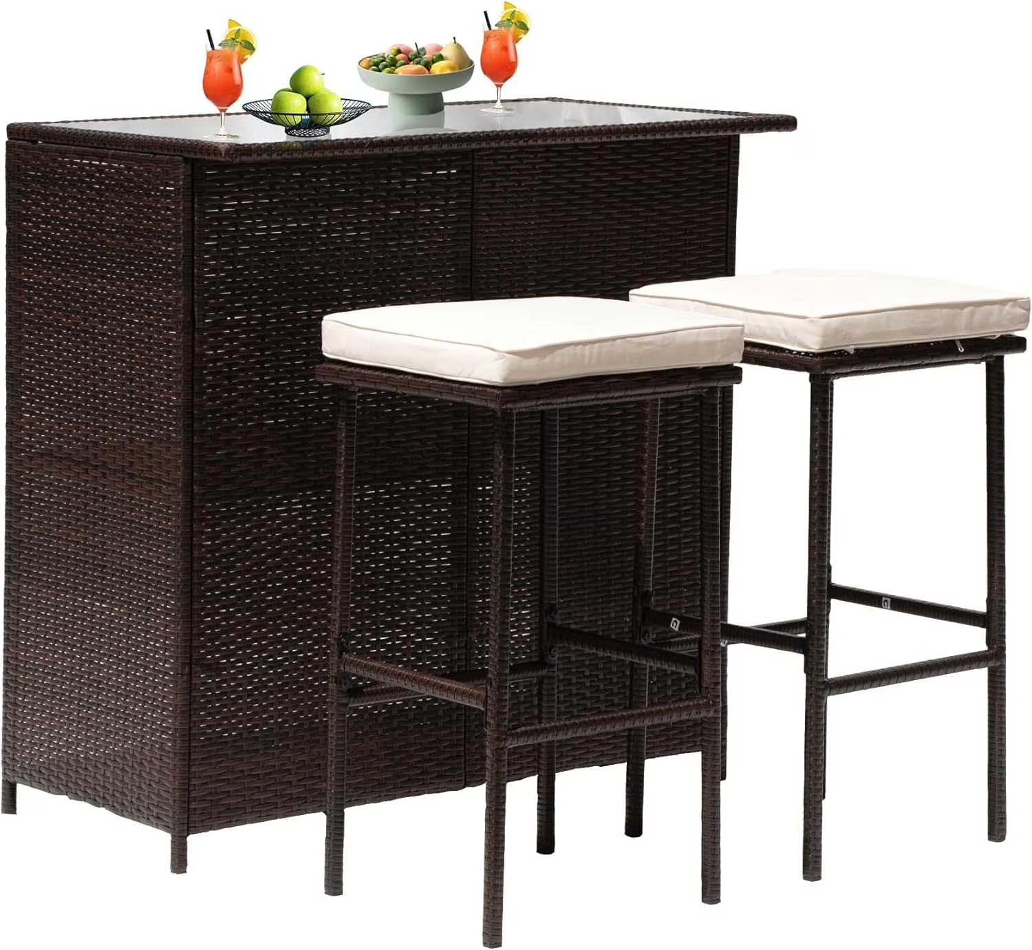 CL.HPAHKL Patio Bar Set, 3 Piece Outdoor Rattan Wicker Furniture Set with Glass Top Table & 2 Cushions Stools for Patios Backyards Porches Gardens Poolside, Khaki