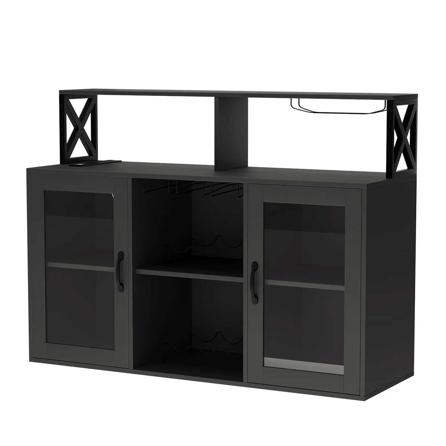 Maritcute Bar Cabinet with Power Outlets, Liquor Cabinet with Led Lights and Glass Holder, Storage Buffet Cabinet Coffee Bar Cabinet for Liquor, Wine Cabinet with Racks, Black