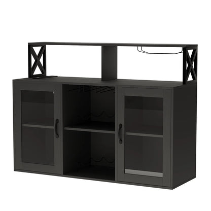 Maritcute Bar Cabinet with Power Outlets, Liquor Cabinet with Led Lights and Glass Holder, Storage Buffet Cabinet Coffee Bar Cabinet for Liquor, Wine Cabinet with Racks, Black