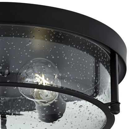Franklin Iron Works Midnight 13" Modern Flush-Mount Ceiling Light Fixture Kitchen Foyer Hallway Round 2-Light Black Seeded Glass