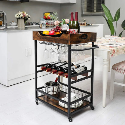 x-Cosrack 3 Tier Home Bar Cart with Wine Rack and Glasses Holder, Mobile Kitchen Storage on Wheels, Brown