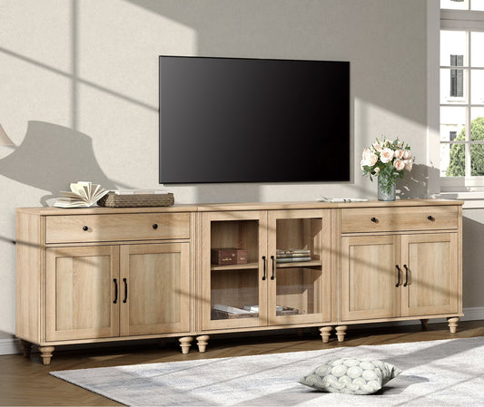 TV Stand for 100 Inch TV, 3-in-1 TV Console Table for 75/80/85/90 Inch TV, Farmhouse Entertainment Center with Glass & Wooden Door, Kitchen Sideboard Buffet Cabinet for Dining Room, Oak