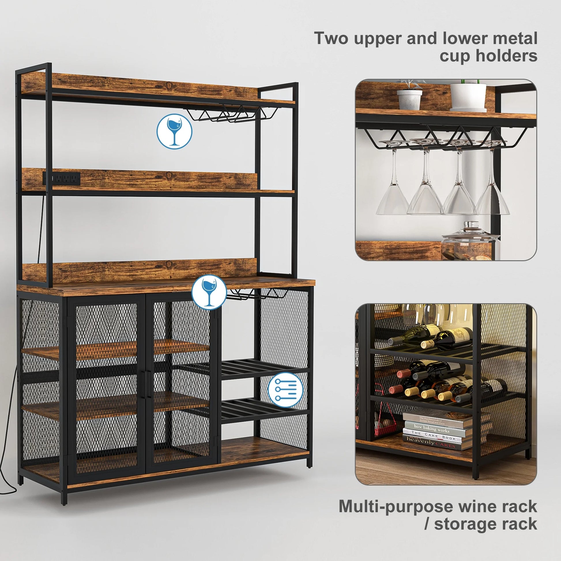 Kepooman Coffee Bar Cabinet with Power Outlet, Industrial Buffet Cabinet with LED Strip and Glass Holder, 3-Tiers Liquor Cabinet Bar for Home, Dining Room, Kitchen, Vintage Brown
